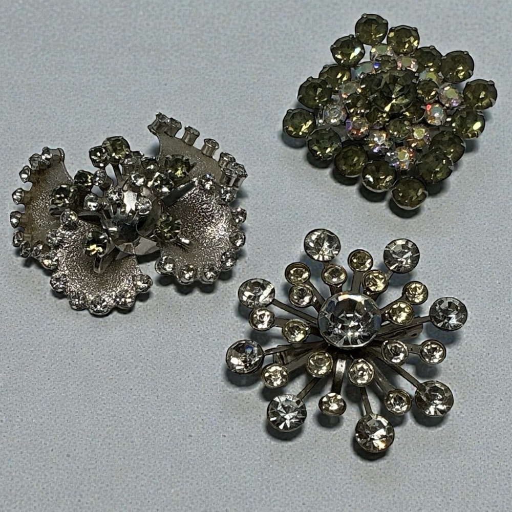 VTG  Rhinestone Brooch Lot of 3 Orchid Flower, Starburst & Green AB Cluster